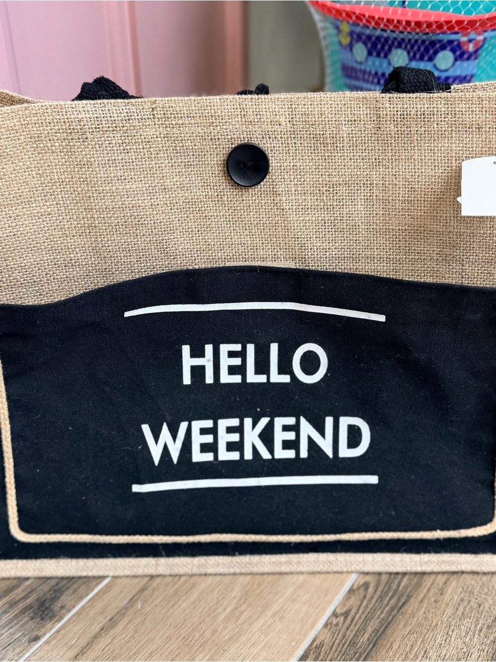 Hello Weekend Black and Natural Jute Tote Bag